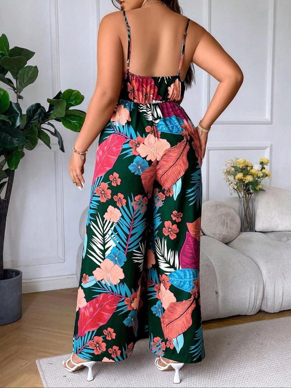  Plants Print Backless Cami Jumpsuit, Elegant Sleeveless Wide Leg Jumpsuit for Summer, Women's Plus Clothing for Daily Wear