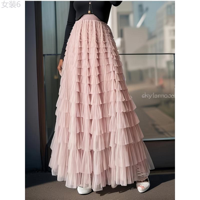 Multilayer Ruffles Tulle Skirt, Casual Fluffy Skirt For Spring & Summer, Women's Clothing Fabric Womenswear