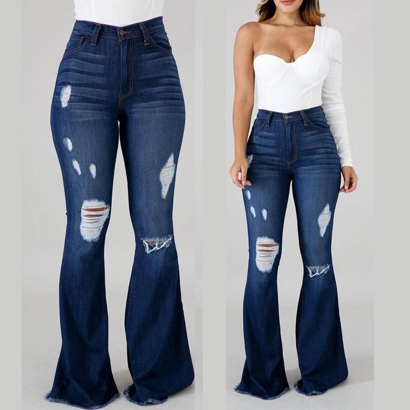 Women's Flared Pants High Waist Hole Slim Classic Flared Pants High Stretch Hole Breaking Jeans straight  fit pantalon cintura casual jean bell  bottom Womenswear Trouser Denim Comfort Streetwear Basic Flare Pants Minimalist