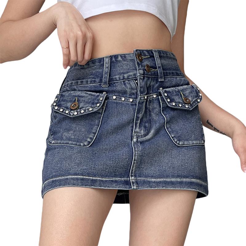 Womens Y2k Mini Denim Skirt Low Waisted Bodycon Short Pencil Jeans Skirts with Pockets 90s Streetwear