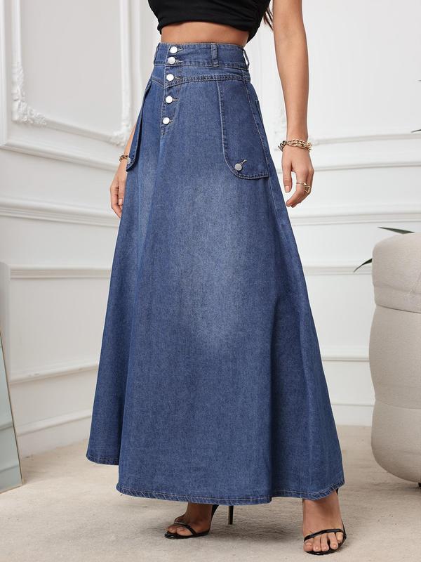 Women's Plain Button Front Pocket A Line Denim Skirt, Casual Fashion Long Skirt for Daily Wear, Ladies Clothes for All Seasons