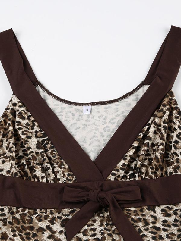 Women's Leopard Print Bow Decor Contrast Binding Tank Top, Asymmetrical Hem Sleeveless Tops for Summer, Fashion Women's Top for Daily Wear, Garage Tank Tops