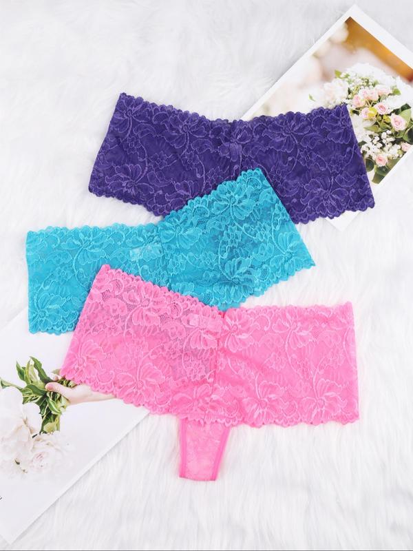  Floral Lace Semi-Sheer Panty, Soft Comfy Breathable Knicker for Daily Wear, Women's Underwear for All Seasons