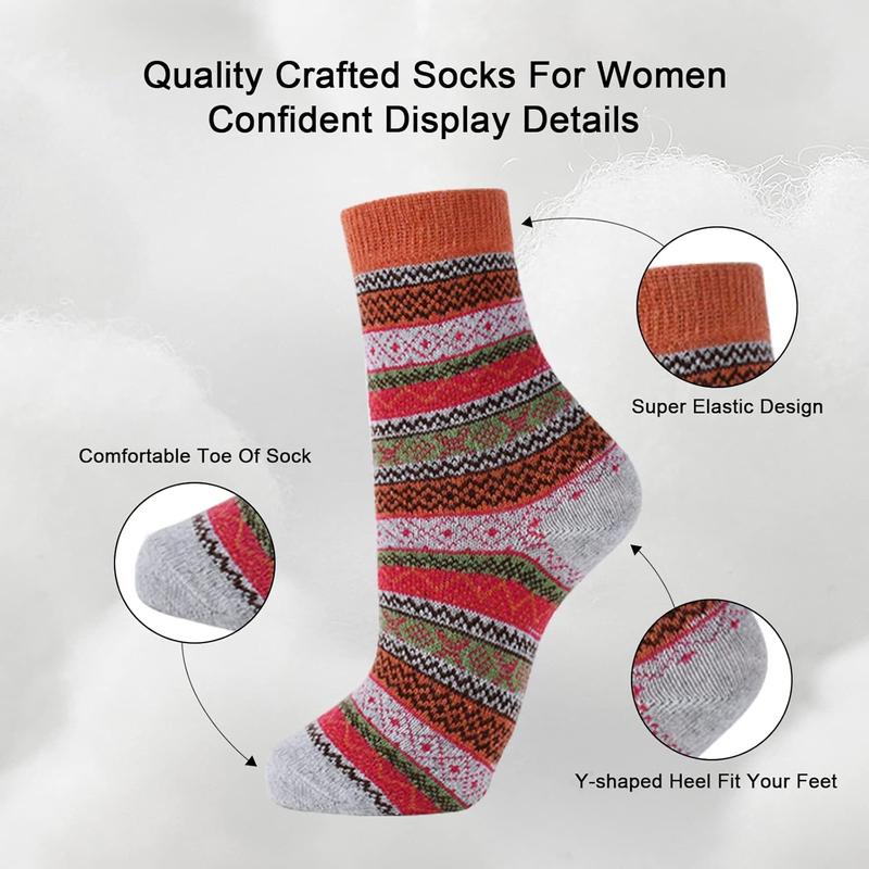 Wool Socks for Women, 5 Pairs Winter Warm Thick Crew Knit Socks Vintage Cozy Soft Cute Nordic Cabin Gifts