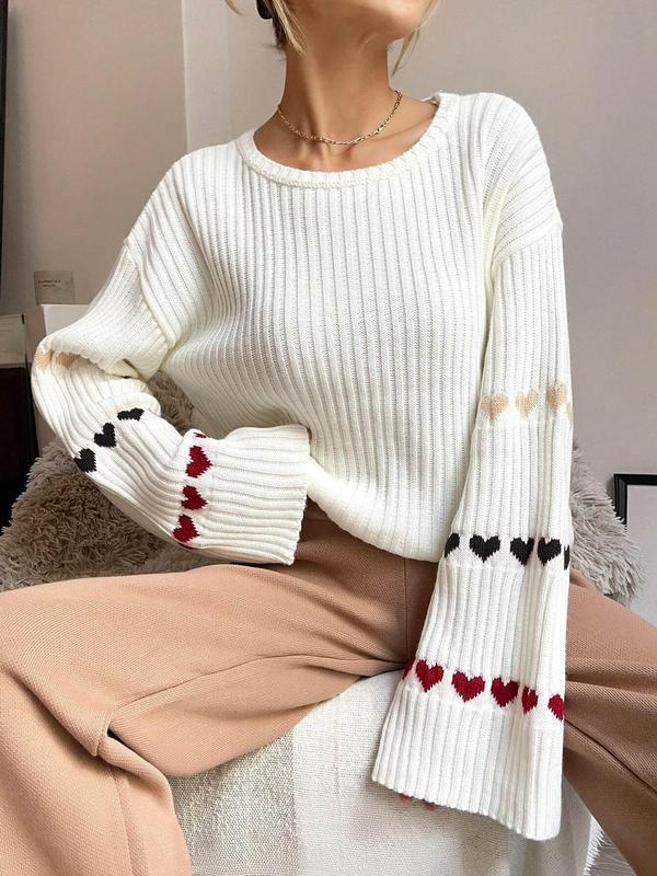 Women's Heart Print Sweater, Casual Long Sleeve Round Neck Jumper for Fall & Winter, Fashion Ladies' Knitwear for Daily Wear