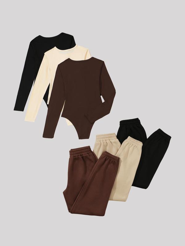 Women's Solid Long Sleeve Ribbed Bodysuit & Elastic Waist Pants Set, Casual Round Neck Bodysuit & Trousers for Spring & Fall, Fall Matching Sets, New Trendy Women's Clothing for Daily Wear