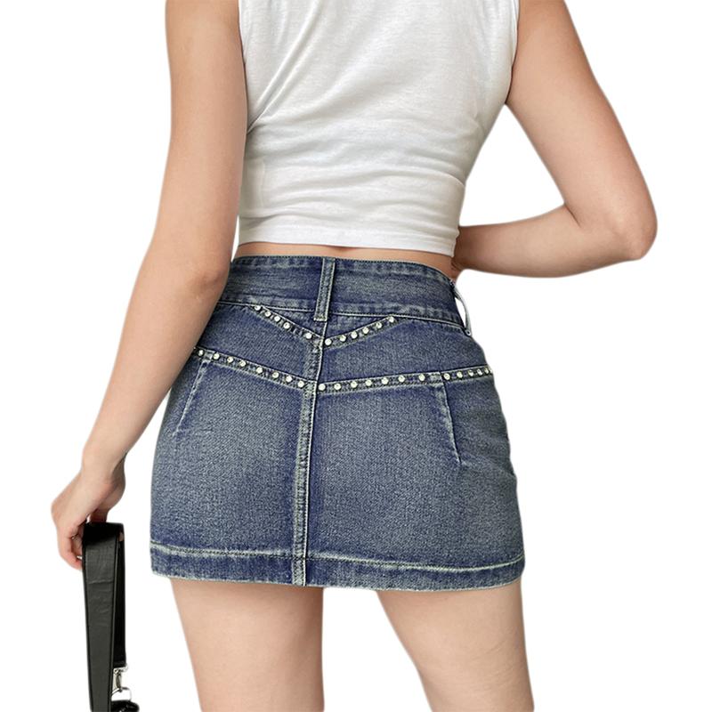 Womens Y2k Mini Denim Skirt Low Waisted Bodycon Short Pencil Jeans Skirts with Pockets 90s Streetwear