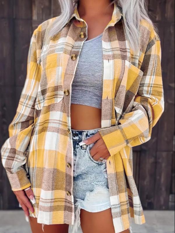  Plaid Print Button Front Collared Shirt, Comfort Long Sleeve Pocket Top, Fall Clothing, Clothes for Women, Lady's Fitted Clothes, Womenswear