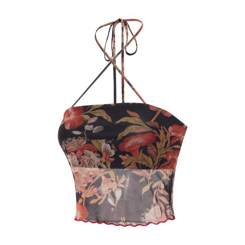 Ladies Summer Sexy Midriff-baring Camisole, Floral Printing Stringy Selvedge Hem Hanging Neck Sleeveless Mesh Tops