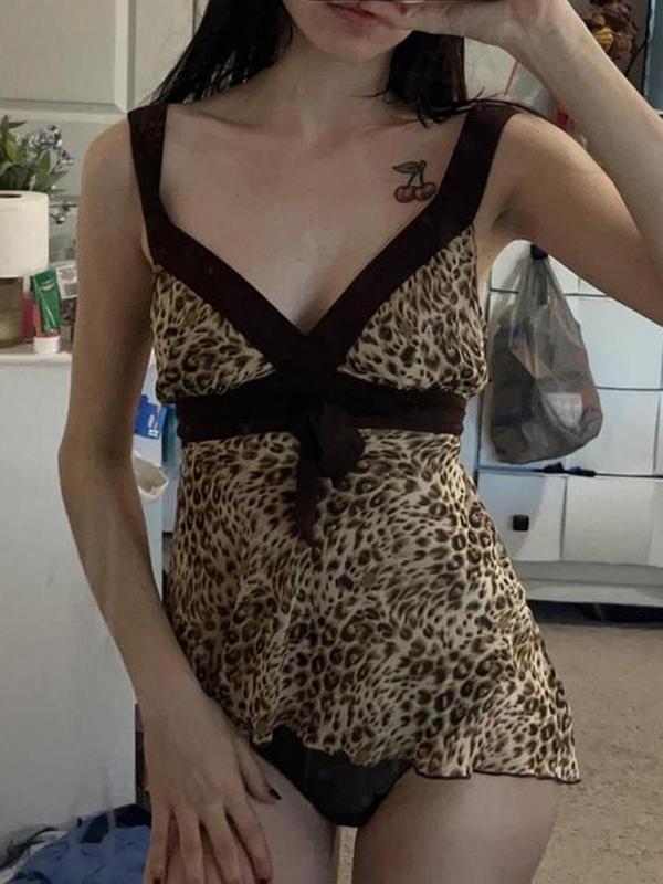 Women's Leopard Print Bow Decor Contrast Binding Tank Top, Asymmetrical Hem Sleeveless Tops for Summer, Fashion Women's Top for Daily Wear, Garage Tank Tops