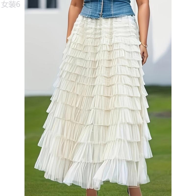 Multilayer Ruffles Tulle Skirt, Casual Fluffy Skirt For Spring & Summer, Women's Clothing Fabric Womenswear