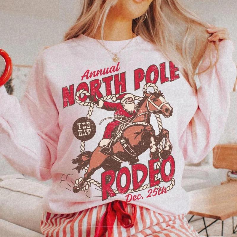 Retro North Pole Rodeo Christmas Sweater, Santa Claus Western Cowboy Christmas Sweatshirt, Vintage Festive Santa Rodeo Hoodie, Dec 25th Crewneck Shirt