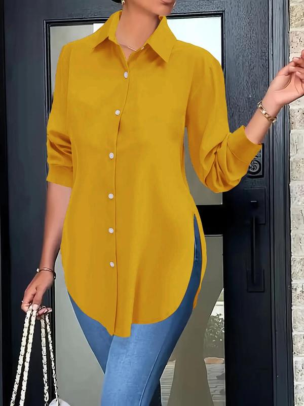 Women's Plain Button Front Split Side Shirt, Casual Long Sleeve Collared Top for Fall, Ladies Clothes for Daily Wear, Fall Outfits, Fallfreshness, Hourglass Body in Baggy Clothes