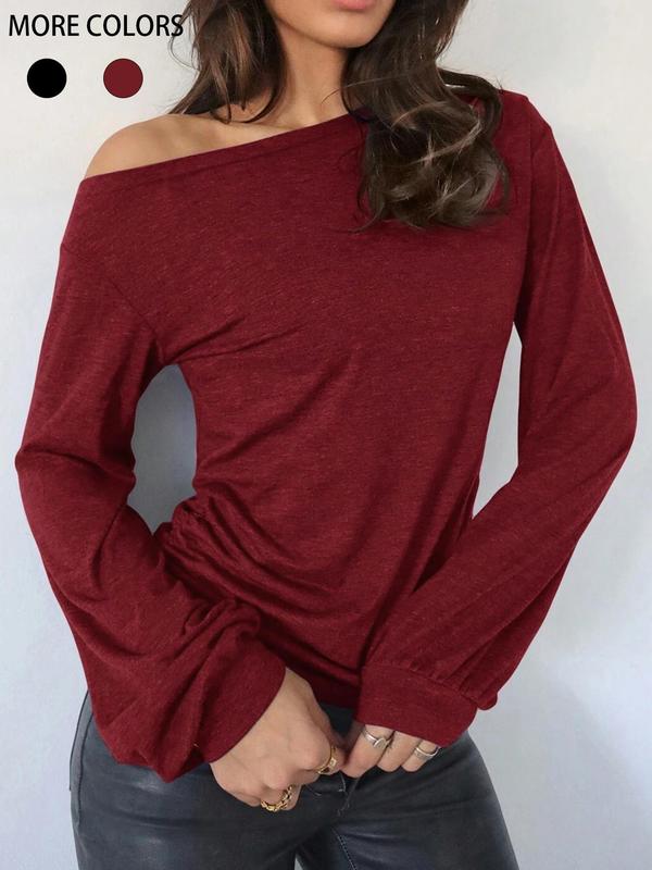 Women's Plain Ruched Asymmetrical Neck Tee, Casual Long Sleeve T-shirt for Spring & Fall, Women's Top for Daily Wear