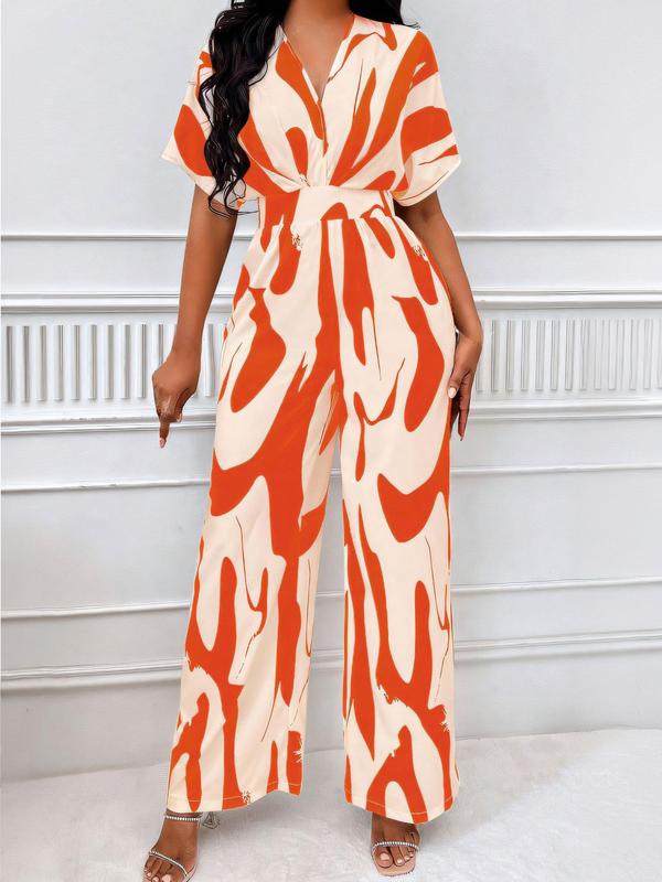 Women's All Over Print Shirred Jumpsuit, Elegant Batwing Sleeve Wide Leg Jumpsuit, Fashion Women's Clothes for Daily Wear