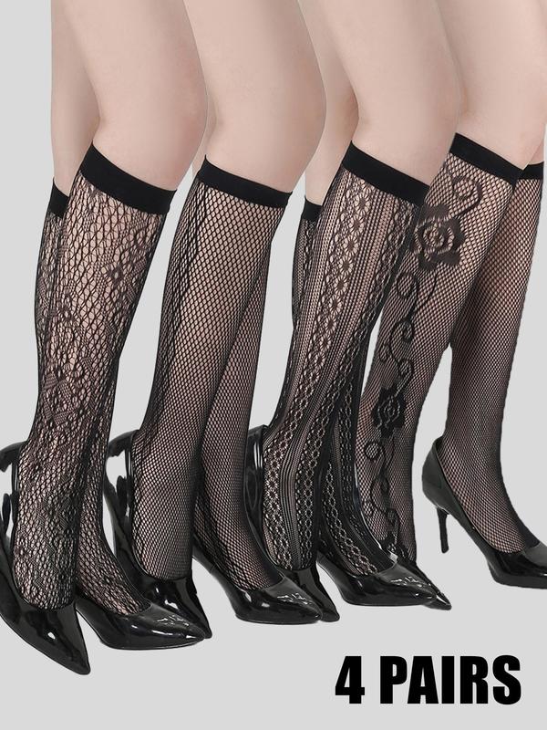 Women's Floral Lace Fishnet Socks, Fashionable Breathable Comfortable Over The Calf Socks for Daily Wear, Ladies Socks for All Seasons