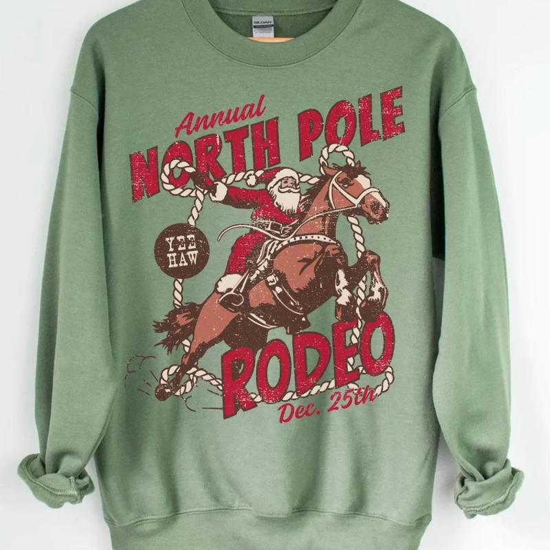 Retro North Pole Rodeo Christmas Sweater, Santa Claus Western Cowboy Christmas Sweatshirt, Vintage Festive Santa Rodeo Hoodie, Dec 25th Crewneck Shirt