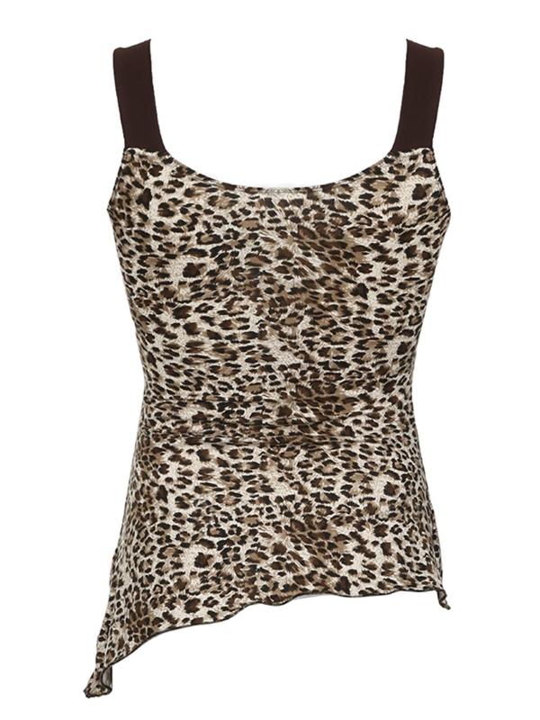 Women's Leopard Print Bow Decor Contrast Binding Tank Top, Asymmetrical Hem Sleeveless Tops for Summer, Fashion Women's Top for Daily Wear, Garage Tank Tops