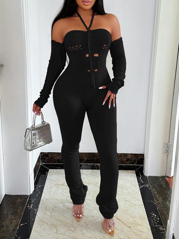 Women's Ripped Lace Up Sweater Jumpsuit, Basic Comfort Halter Neck Backless Jumpsuit, Jumpsuit for Women, Fall Outfits, Ladies' Clothes for Party Club, Please Purchase A Size Up Sweater