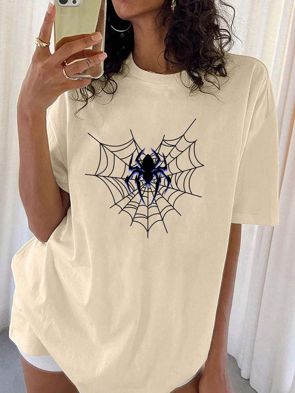 Women's Spider & Heart Print Drop Shoulder Tee, Street Fashion Casual Short Sleeve Round Neck T-Shirt for Daily Holiday Vacation Outdoor Wear, T Shirts for Women, Ladies Summer Clothes