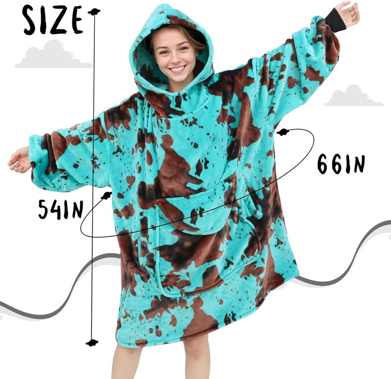 Blue Cow Print Wearable Blanket Hoodie Oversized Fleece Sweatshirt Blanket with Giant Pocket Warm Cozy Hooded Blanket for Adult Cow Gifts for Women Men