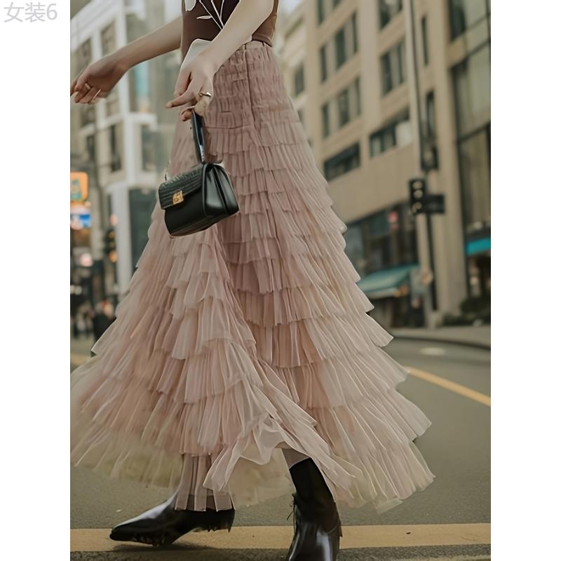 Multilayer Ruffles Tulle Skirt, Casual Fluffy Skirt For Spring & Summer, Women's Clothing Fabric Womenswear