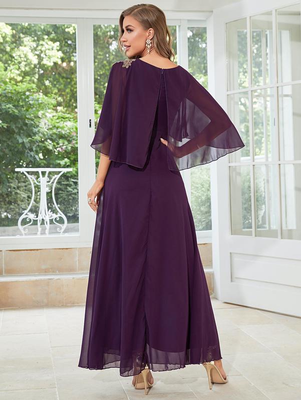 Women's Plain Cloak Sleeve Chiffon Evening Vintage Dress, Summer Clothes Women, Elegant Round Neck Half Sleeve Dress for Wedding Guest, Ladies Summer Clothes