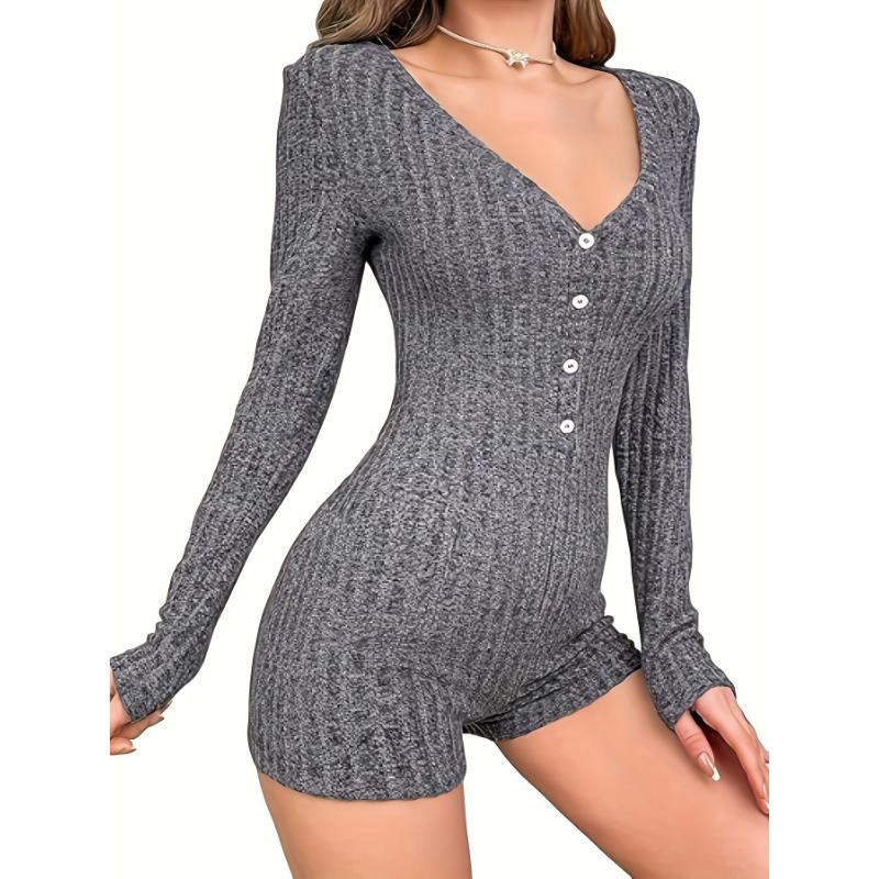 Women's Sexy Deep V Neck Shorts Long Sleeve Knitted One Piece Bodysuit Sexy Pajama Onesie Bodycon Rompers Overall