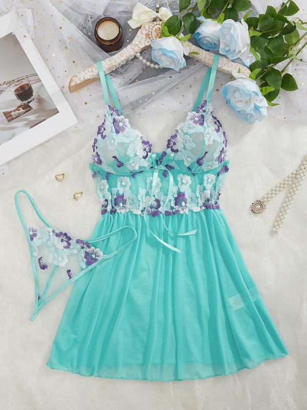 Women's Floral Embroidery Sheer Tulle Sexy Lingerie Set, Adjustable Strap Cami Nightdress & Thong Pajama Set, Soft Comfy Sleepwear Set for Women