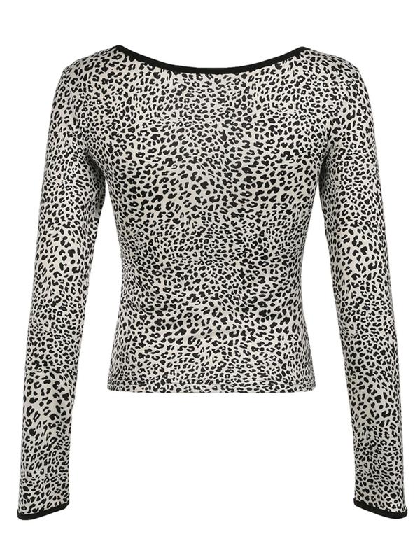 Women's Leopard Print Contrast Binding Scoop Neck Tee, Casual Long Sleeve T-shirt for Daily Wear, Ladies Clothes for All Seasons