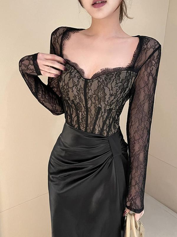 Women's Plain Floral Lace Ruched Sweetheart Neck Dress, Elegant Long Sleeve Long Dress for Party Holiday Wedding Guest, Ladies Spring & Fall Clothes