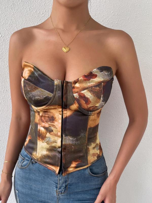 Womenswear Figure Print Backless Corset Tube Top, Back To School Summer Clothes Women, Comfort Street Fashionable 2000s Y2k Strapless Top for Daily Outdoor Wear, Lady Tank Tops for Women, Women Top Clothing for Summer