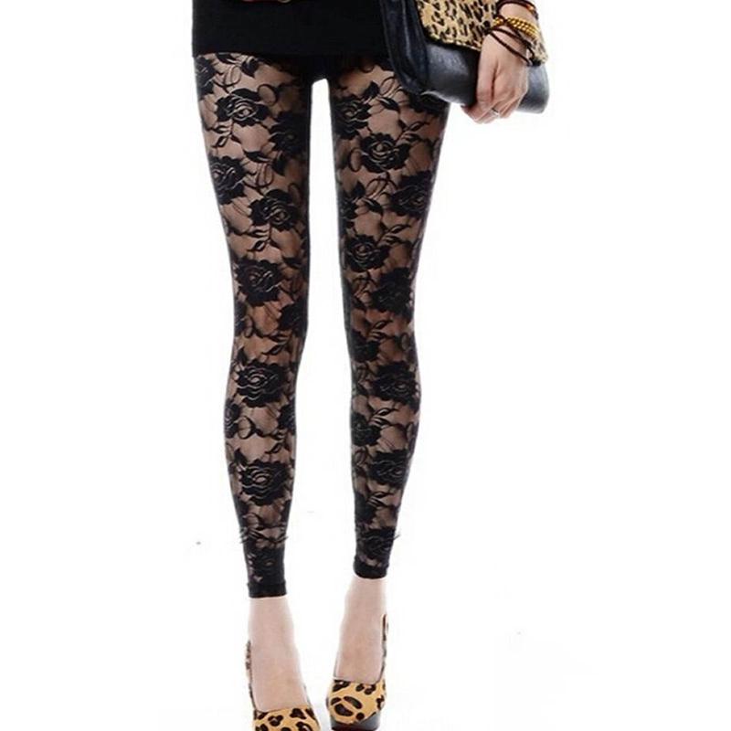 Women Floral Lace Sheer Elastic High Waist Pants Vintage Slim-Fit Leggings Fashion Bottoms