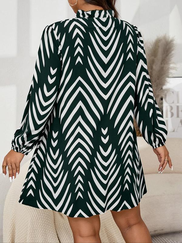  Striped Print Tie Neck Dress, Casual Chevron Print Long Sleeve Dress for Fall & Winter, Women's Clothes for Daily Wear