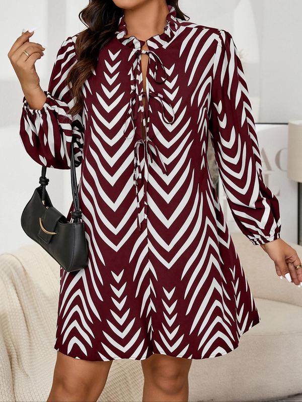  Striped Print Tie Neck Dress, Casual Chevron Print Long Sleeve Dress for Fall & Winter, Women's Clothes for Daily Wear