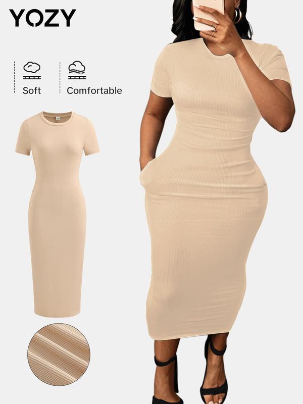 YOZY [size 4-14] Plain Pocket Ribbed Bodycon Dress, Casual Short Sleeve Round Neck Midi Dress, 2024 Women's Summer Outfits for Daily Wear, [S-XXL]