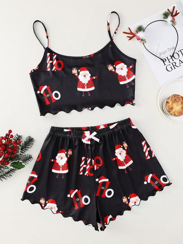 Two Pieces Women's Halloween Themed Matching Pajama Set, Chic Cartoon Print Cami Top & Bow Pj Shorts Loungewear Set for Fall, Lounge Sets, Halloween Pajamas, Christmas Pajamas, Fall Wear, Fallfreshness, Christmas Gift Set, Halloween Costumes