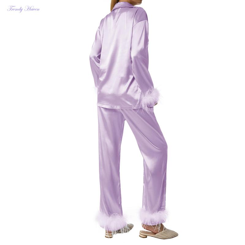 Women's Sleepwear, Feather Decoration Long Sleeve Button-Down Lapel Collar Tops + Pants Pajamas Set Loungewear Womenswear