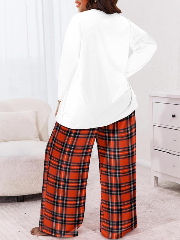  Two-Piece Set Letter Printed Long Sleeve Tee & Plaid Print Elastic Waist Pants, Casual Round Neck Top & Trousers Set for Spring & Fall, Women's Clothes for Daily Wear