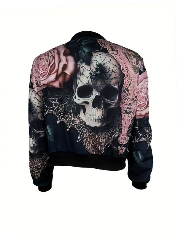 Women's Floral Skull Print Zip Up Jacket, Casual Long Sleeve Baseball Collar Outerwear for Fall & Winter, Ladies Clothes for Daily Wear