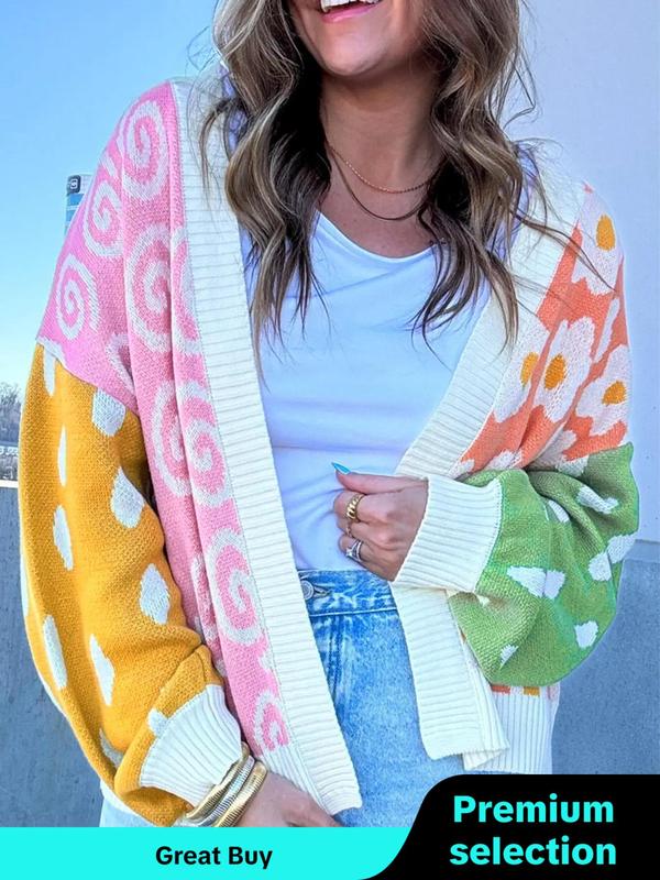 Women's Colorblock Floral Patchwork Print Button Front Crop Cardigan, Casual Drop Shoulder Long Sleeve Cardigan, Cardigan for Women 2024, Women Knitwear for Fall & Winter