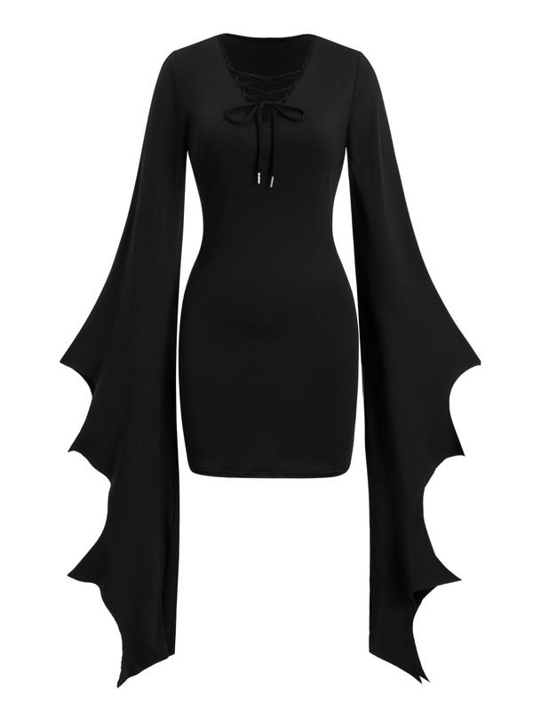 Women's Lace Up Contrast Lace Batwing Sleeve Bodycon Dress, Gothic V Neck Asymmetrical Long Sleeve Dress for Party Holiday Wedding Guest, Ladies Fall & Winter Clothes