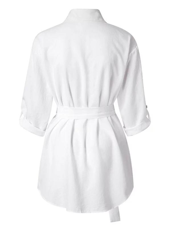 Women's Plain Curved Hem Button Front Belted Shirt Dress, Elegant O-ring Detail Collared Pocket Dress for Summer, Women's Clothing for Daily Wear