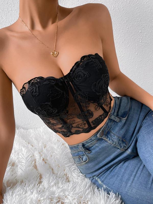 Women's Floral Graphic Contrast Lace Crop Tube Top, Casual Fashion Sheer Sleeveless Strapless Top for Daily Wear, Ladies Clothes for All Seasons