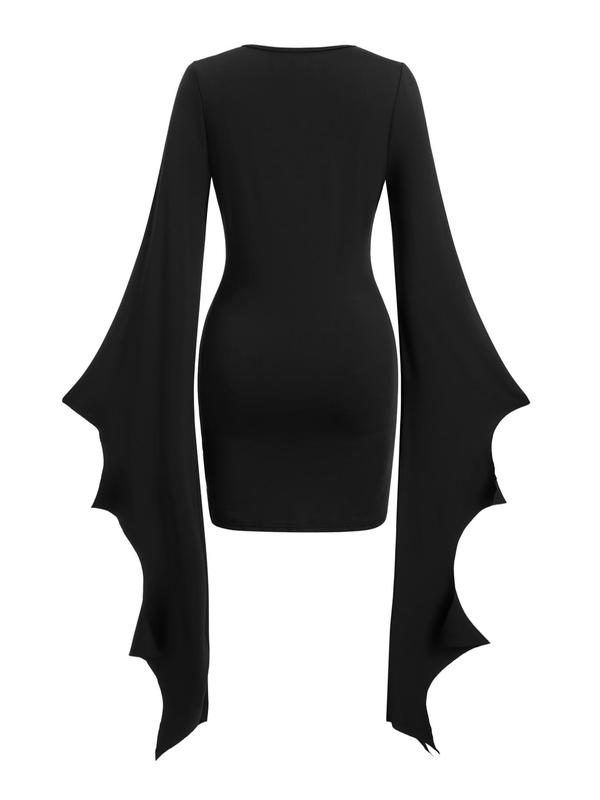 Women's Lace Up Contrast Lace Batwing Sleeve Bodycon Dress, Gothic V Neck Asymmetrical Long Sleeve Dress for Party Holiday Wedding Guest, Ladies Fall & Winter Clothes