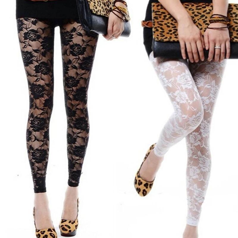 Women Floral Lace Sheer Elastic High Waist Pants Vintage Slim-Fit Leggings Fashion Bottoms