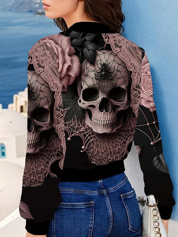 Women's Floral Skull Print Zip Up Jacket, Casual Long Sleeve Baseball Collar Outerwear for Fall & Winter, Ladies Clothes for Daily Wear