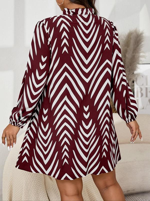  Striped Print Tie Neck Dress, Casual Chevron Print Long Sleeve Dress for Fall & Winter, Women's Clothes for Daily Wear