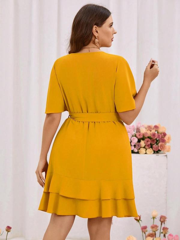  Plain Belted Wrap Ruffle Trim Dress, Elegant Butterfly Sleeve V Neck A Line Dress for Party Wedding Guest, Women's Clothing for Summer