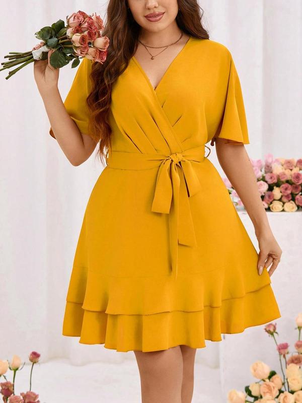  Plain Belted Wrap Ruffle Trim Dress, Elegant Butterfly Sleeve V Neck A Line Dress for Party Wedding Guest, Women's Clothing for Summer